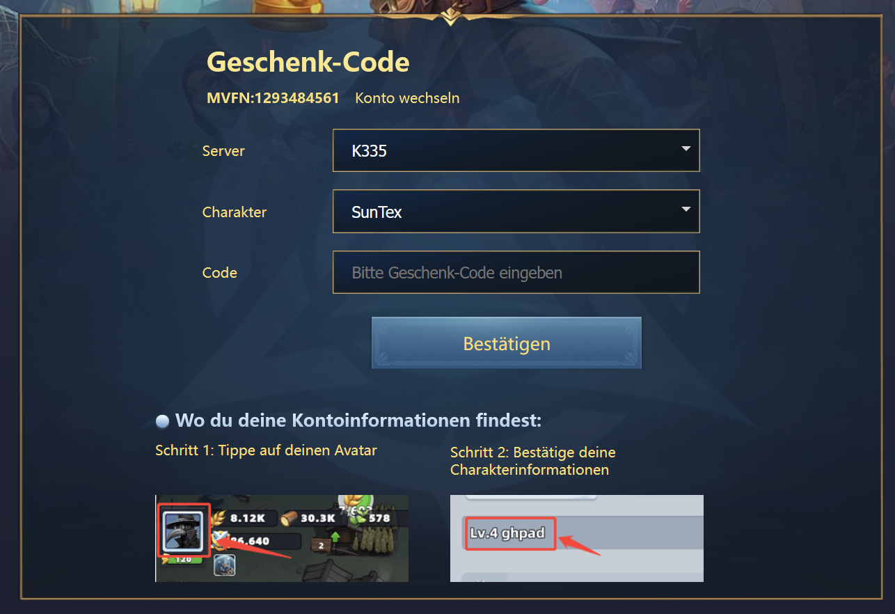 Last Asylum Geschenk-Code-Seite mit Server-, Charakter- und Code-Auswahl